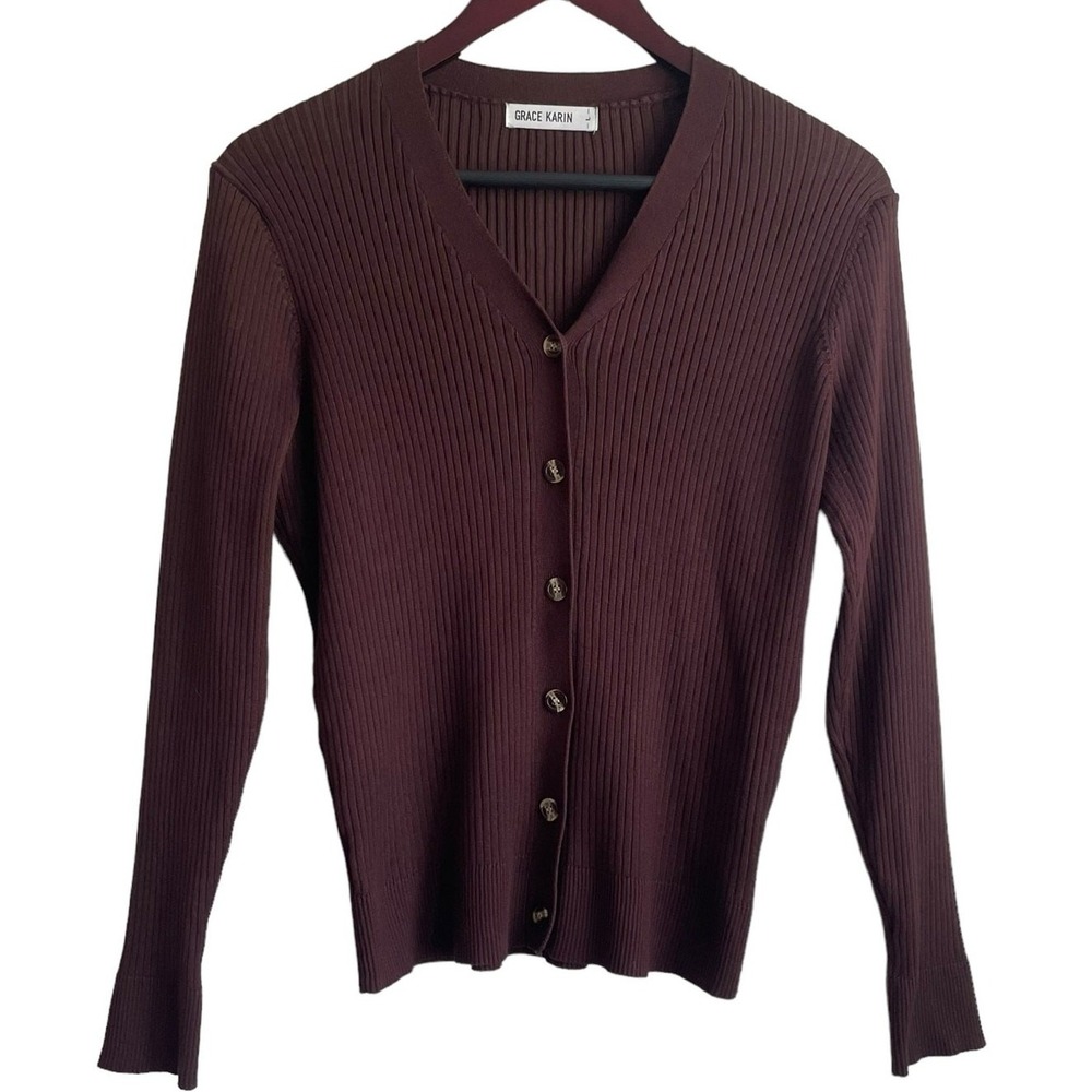 Grace Karin Women Cardigan Sweater L Brown Ribbed Fitted Preppy Academia Office
